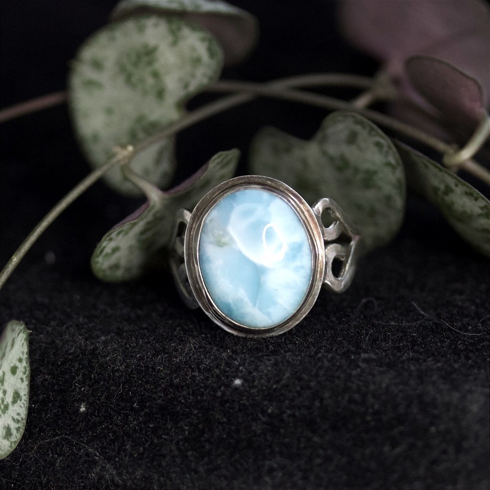 Sterling Silver Larimar Oval Filigree Solitaire Ring Size 7.5 925 Blue Stone